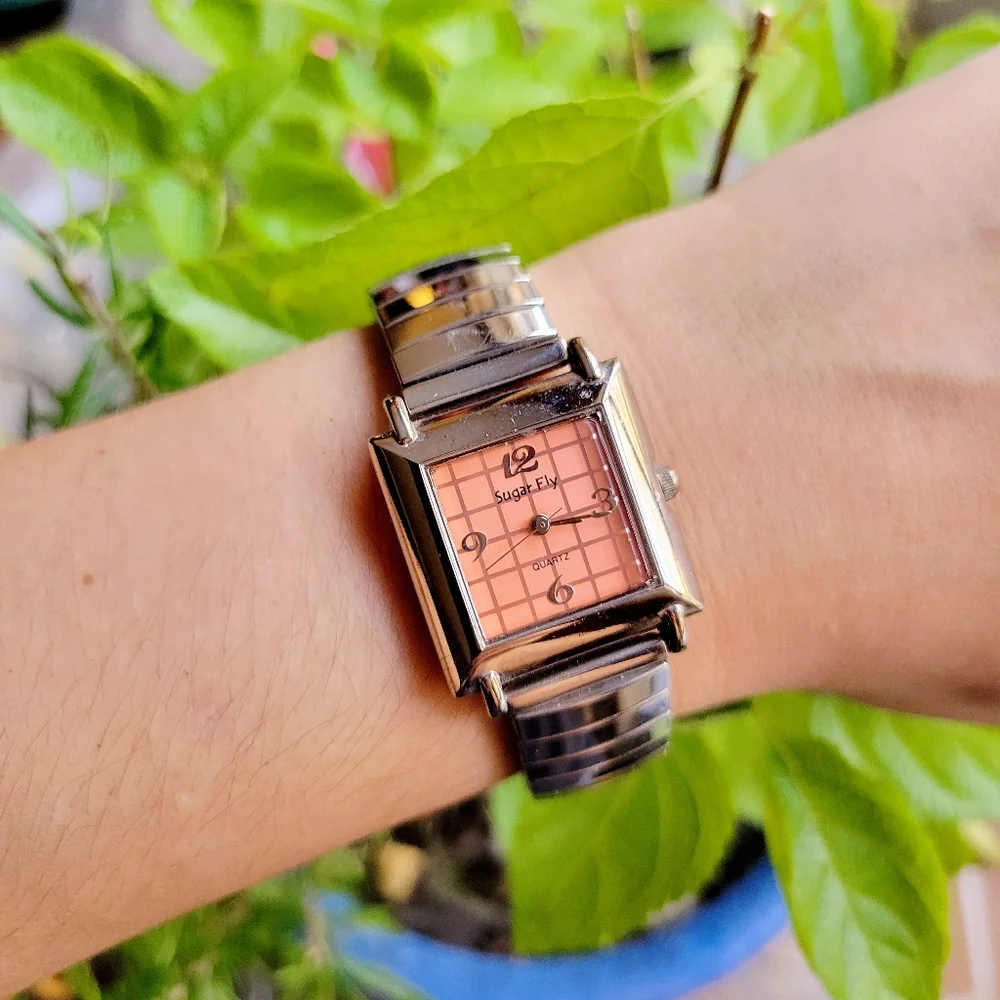 Classic Sugar Fly Quartz Womens Womans Silver & Orange Square Stretch Watch